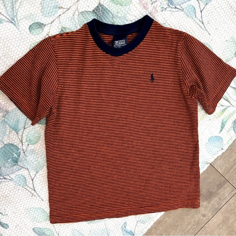 Rare Vintage Polo Ralph Lauren Little Boys Orange and Navy Striped Tee Size 5